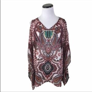 Wrangler Sheer Cold Shoulder Beaded Top Paisley Leopard Brown White Size Medium